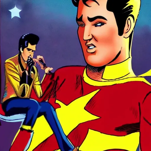 Image similar to elvis appears to you in a dream. he's dressed like freddy freeman captain marvel jr.