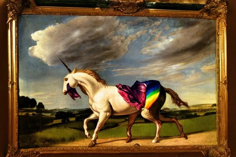 Prompt: a unicorn in the style of Caravaggio, walking across a rainbow. Beautiful clouds, highly detailed. Dramatic composition and beautiful light.