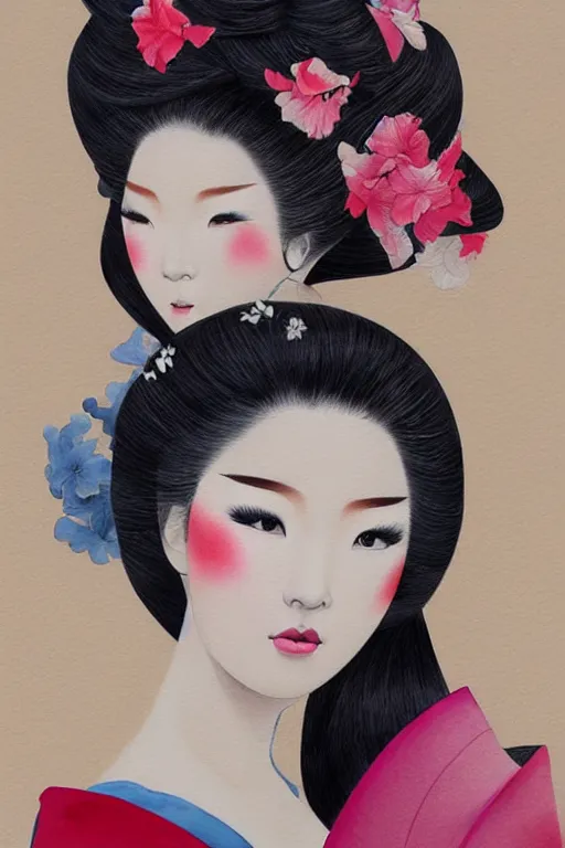 Image similar to beauty geisha, digital art, 8k, character, realistic, portrait, photorealism, japan watercolour, masterpiece art