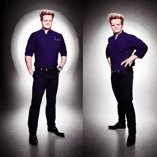 Image similar to symmetrical, full body portrait of Gordon Ramsey, very happy, studio lighting, depth of field, photography, hyper colors, highly detailed