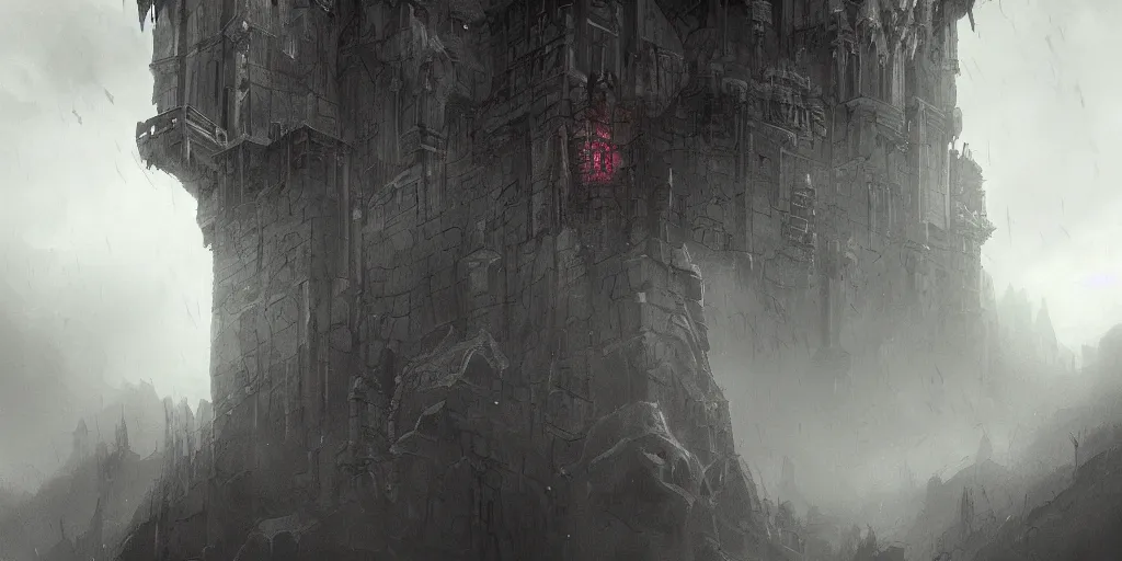 Prompt: grimdark fantasy fortress, terrifying, looming, dark, fog, artstation