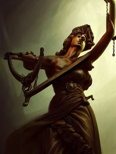 Prompt: lady justice blindfolded holding a balance. intricate, elegant, highly detailed, digital painting, artstation, concept art, sharp focus, illustration, by justin gerard and artgerm, 8 k