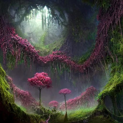 Prompt: biocomputer heart organ inside glass biocomputer flowers in a biomechanical cave forest, intricate environment, matte painting, diffused lighting, highly detailed cinematic, atmosphere, diffused lighting, highly detailed digital art, trending on artstation, depth of field, wide angle