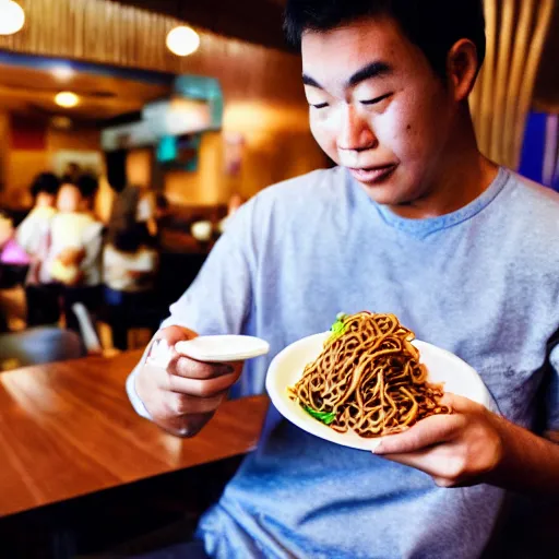 Prompt: A guy eating yakisoba in a restaurant, photo taken by Walter Firmo, award winning photo