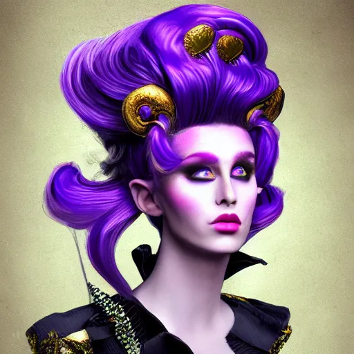 Image similar to Glam hair, rococo, 80s hair, Elf with purple skin, androgynous man, feminine man, alien skin, purple elf, purple, purple-skinned elf, yellow hair, hairspray, big hair, wild hair, glam make-up, 80s, illustration, fantasy art, trending on ArtStation, 1980s fantasy art