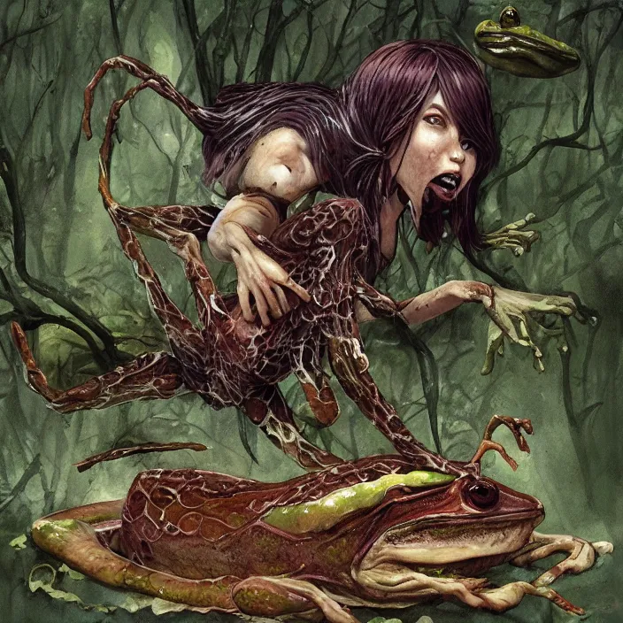 Image similar to Carnivore godlike fairy eating a frog alive, Junji Ito and Greg rutkowski