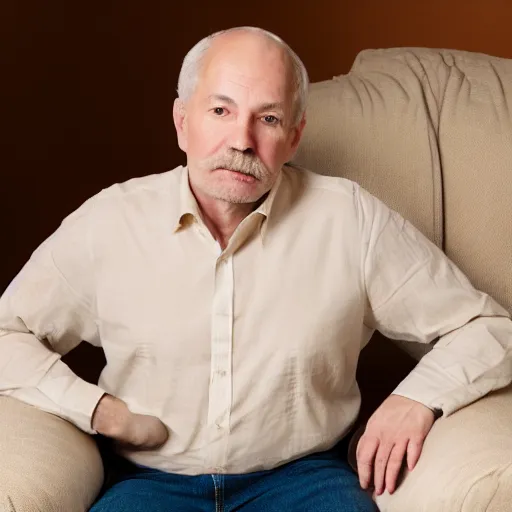 Image similar to full body artistic dlsr photo of steve, mature male, wise face. he is a doctor. he is sitting gracefully on a sofa, elegant tight beige shirt. he has enormous belly