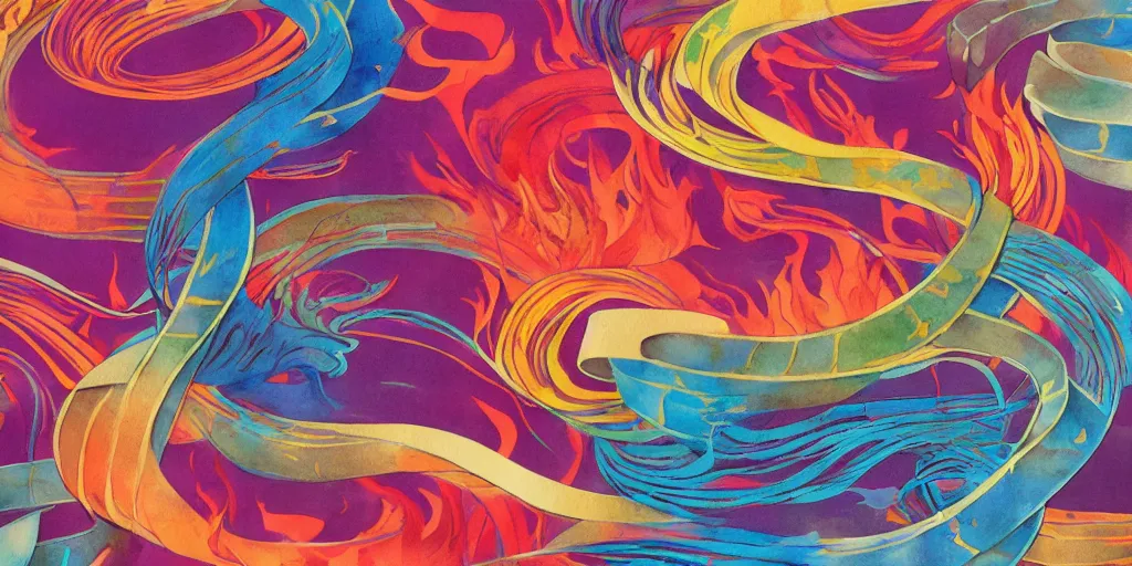 Image similar to abstract ribbons, flames, illustration, watercolor, pastel colors, Japanese woodcuts, Louise Zhang, James Jean, trending on artstation, 80's airbrush, 90's design