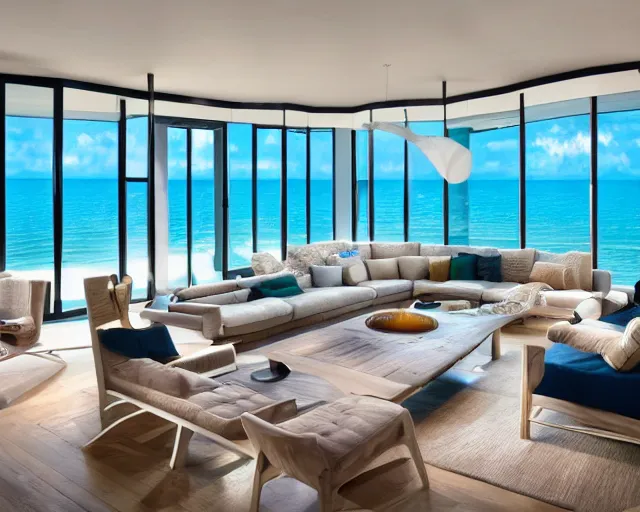 Image similar to A modern living room inspired by the ocean, a luxurious wooden coffee table with large seashells on top in the center, amazing detail, 8k resolution, calm, relaxed style, harmony, wide angle shot