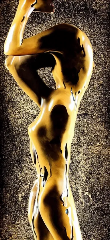 Image similar to perfect female body silhouette, liquid sculpture, astral clockwork, abstract shapes, photorealism, beautiful portrait, golden and black latex mixture, black ink