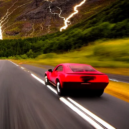 Image similar to zerglings rushing towards black pontiac firebird trans - am driving towards the camera, norway mountains, valley, large lake, dynamic, cinematic, motionblur, volumetric lighting, wide shot, low angle, red glow in sky, large lightning storm, thunder storm