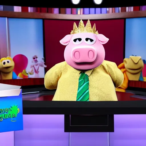 Prompt: news anchor pig wearing a gold crown depicted as a muppet 8k