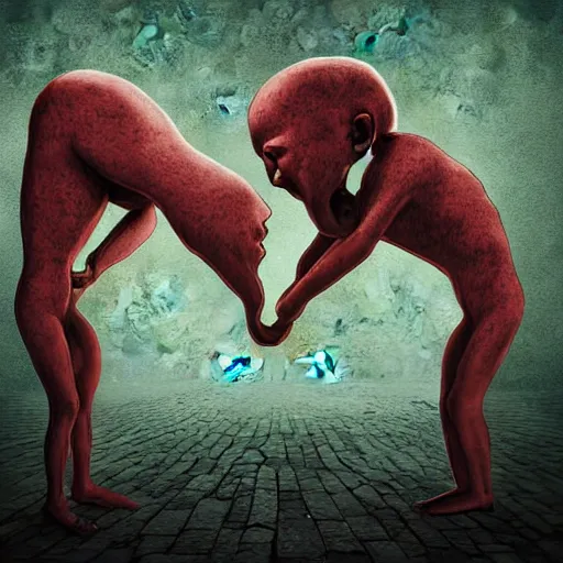 Image similar to split mind fighting itself, the inner critic, emotional highly detailed surrealist art, digital art