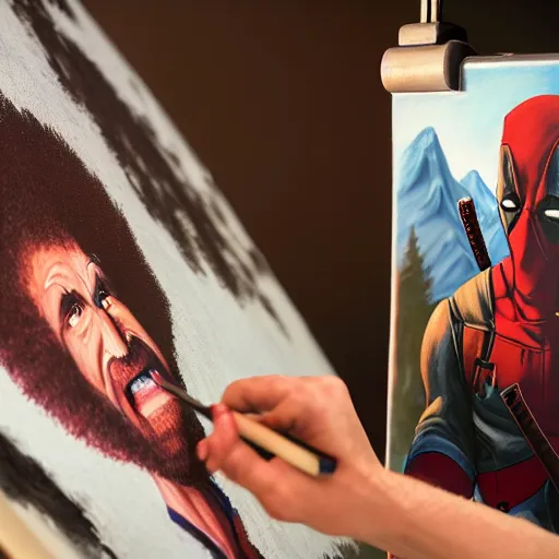 Image similar to a closeup photorealistic photograph of bob ross working on a canvas painting of deadpool. film still. brightly lit scene. mountains and trees. this 4 k hd image is trending on artstation, featured on behance, well - rendered, extra crisp, features intricate detail, epic composition and the style of unreal engine.