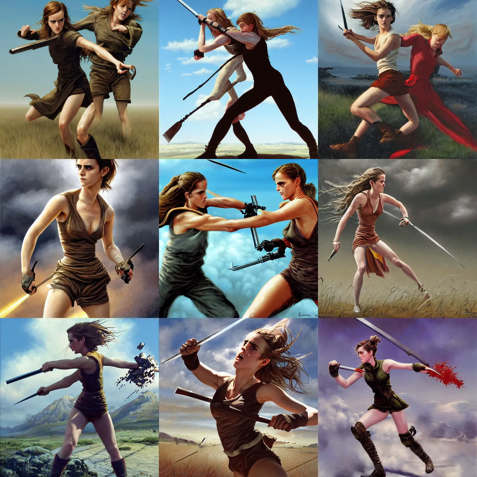 Prompt: peter elson painting of emma watson fighting alients. highly detailed, digital painting, sharp focus,
