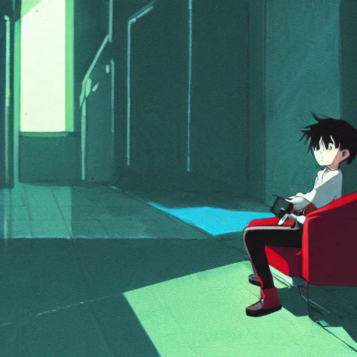 Image similar to anime boy alone in the dark cinema, green hair, red chair, lonely, screenshot from the film by Makoto Shinkai, Studio Ghibli, trending on pixiv