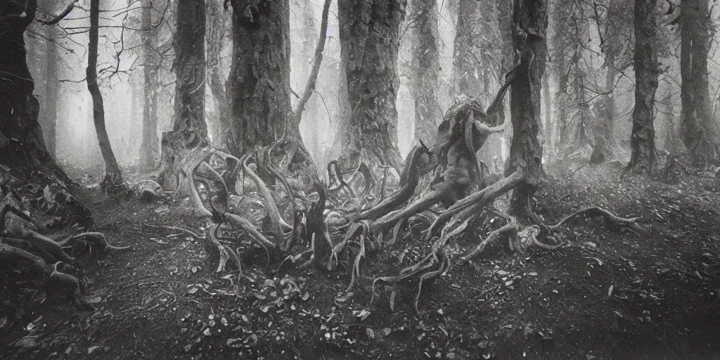 Image similar to 1 9 2 0 s photography of occult humanlike root creatures creeping and lurking in dark forest in the dolomites