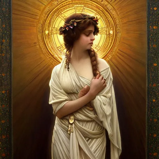 Image similar to highly detailed oil painting | very intricate | cinematic lighting | award - winning | the beautiful angel of jupiter wearing a flowing toga | by godward, by tom bagshaw, by j. c. leyendecker and klimt, beautiful cinematic light, american romanticism, by alphonse mucha, artstation, cgsociety, official art, octane