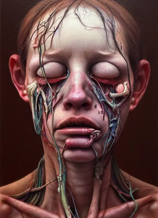 Image similar to there is ugliness in beauty, but there is also beauty in ugliness detailed portrait painting inspired by beksinski and alex gray, accurate anatomy, vintage, by jenny saville, edward hopper trending on artstation. 8 k