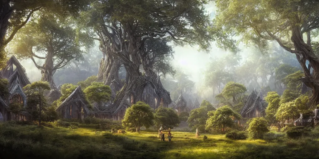 Image similar to Lothlórien with elven homes on trees, evening, detailed matte painting, cinematic, Alan Lee, Artstation