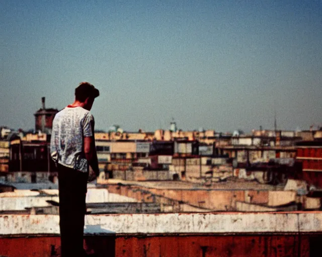 Image similar to lomo photo of man standing on the roof of soviet hrushevka, small town, cinestill, bokeh, out of focus