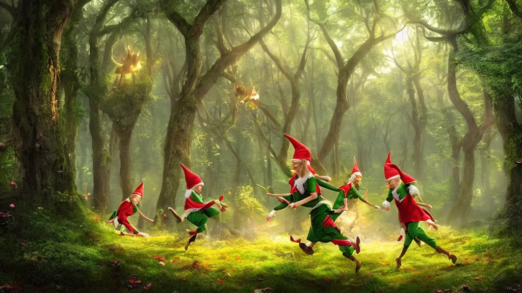 Prompt: happy cheerful elves joyously frolicking through a beautiful forest, volumetric lighting, jubilant blissful atmosphere, photorealistic, hyperdetailed 3d matte painting, hyperrealism, vibrant fantasy style