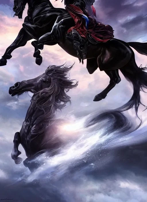 Prompt: the first horseman of the apocalypse is riding a strong big black stallion, horse is running, the strong male rider is carrying the scales of justice, beautiful artwork by artgerm and rutkowski, breathtaking, beautifully lit, dramatic, full view