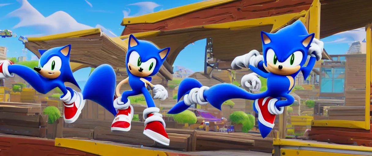 Prompt: sonic in fortnite announcement advertising