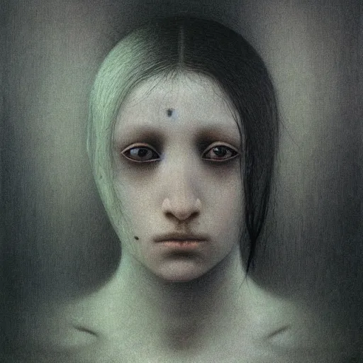 Prompt: portrait of pale girl with big eyes and black hairs by Beksinski