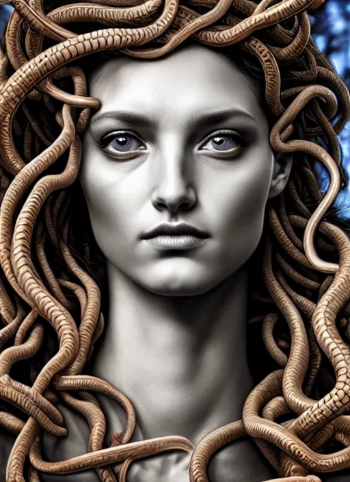 Image similar to photo of a medusa in the style of stefan kostic, realistic, half body shot, sharp focus, 8 k high definition, insanely detailed, intricate, elegant, art by stanley lau and artgerm, extreme bokeh foliage