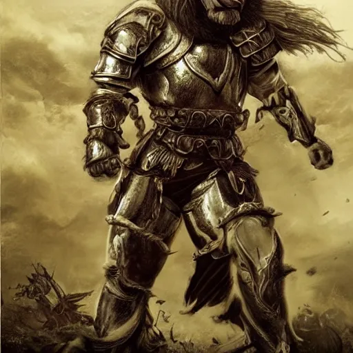 Image similar to a muscular lion wearing battle armor, holding a sword, standing on a bloody battlefield, full body, epic, fantasy, highly detail, art