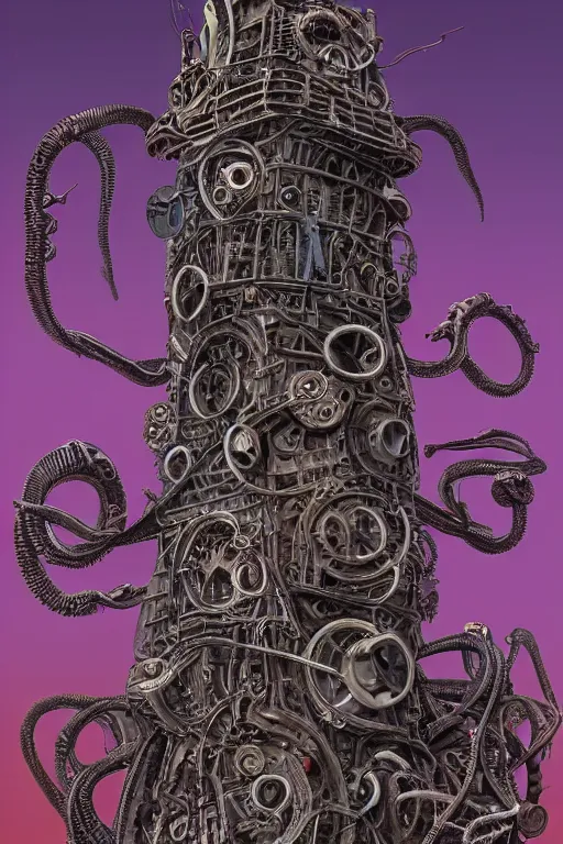 Prompt: lovecraftian biomechanical machine tower with fleshy tendrils and eyeball at top overlooking dystopian wasteland, highly detailed, colorful with red hues