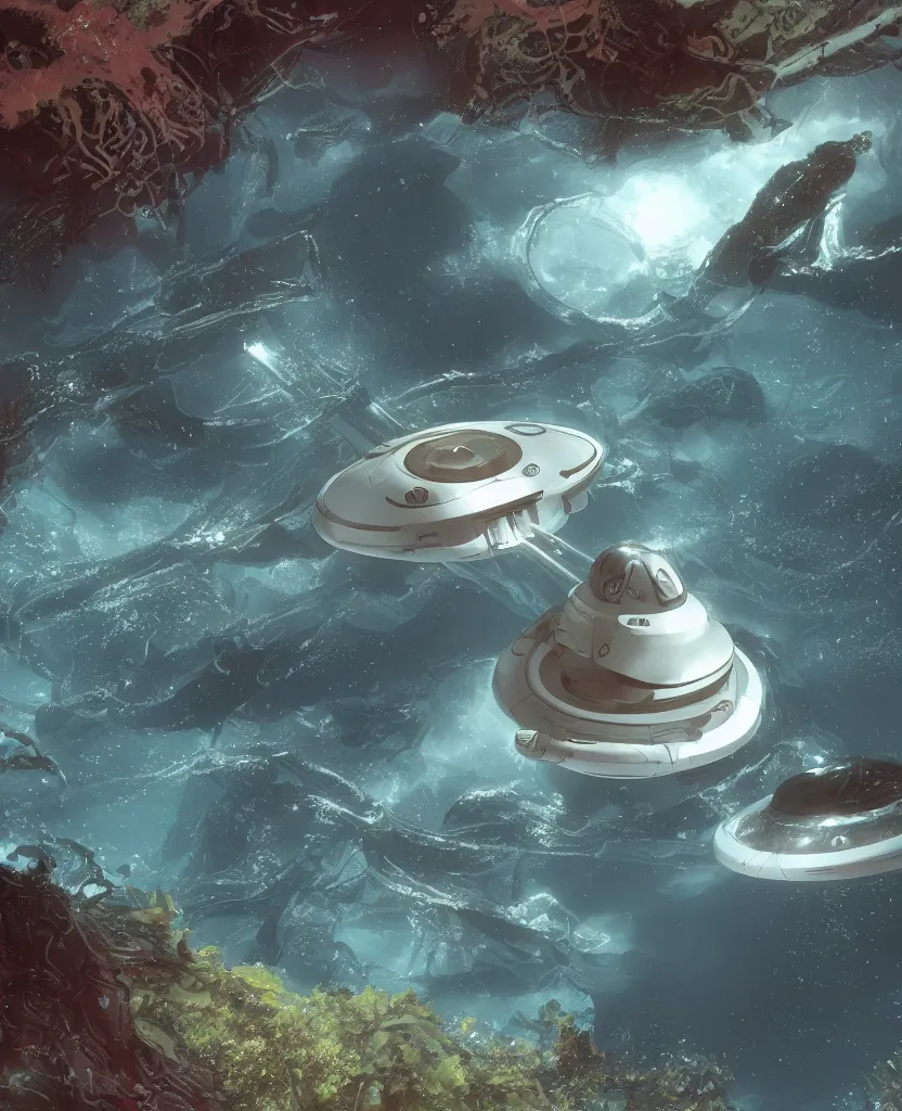 Prompt: white disc - shaped spacecraft submarine, fusion of subnautica and star trek, flying through a spectacular exotic underwater kelp forest canyon, schools of fish, in the style of john eaves ron walotsky ralph mcquarrie, soft natural volumetric lighting, realistic 4 k unreal engine 5 beautifully detailed render, 4 k post processing, trending on artstation