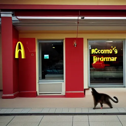 Image similar to Cat entering McDonald's and ordering a Hamburger, 40nm lens, shallow depth of field,