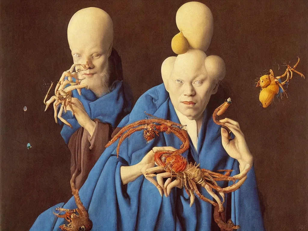 Image similar to portrait of albino mystic with blue eyes, with beautiful exotic spider. Painting by Jan van Eyck, Audubon, Rene Magritte, Agnes Pelton, Max Ernst, Walton Ford