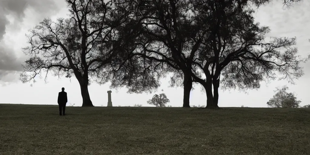 Image similar to Photo of a man in black near a tree in the cemetery looking into the distance