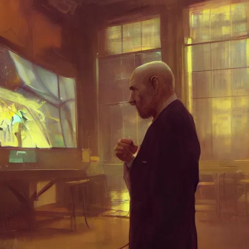 Image similar to hyperrealist portrait of a thin mean old man with a lab coat standing in front of a computer simulation by jeremy mann and alphonse mucha, fantasy art, photo realistic, dynamic lighting, artstation, poster, volumetric lighting, very detailed faces, award winning