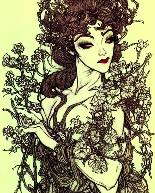 Image similar to burlesque elf, flowers in hair, fantasy character portrait, ultra realistic, concept art, intricate details, art nouveau, japanese woodblock, cinematic, highly detailed by arthur rackham