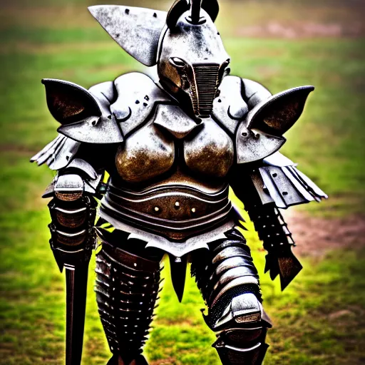 Image similar to photo of a warrior with metal rhinoceros themed armour, highly detailed, 4 k, hdr, smooth, sharp focus, high resolution, award - winning photo