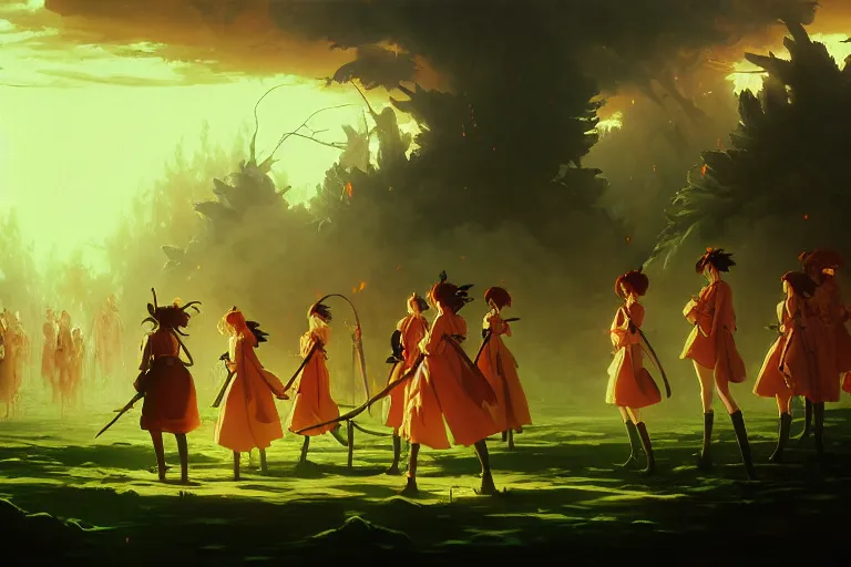 Image similar to baroque oil painting of key visual concept art of anime maids burning down a forest of elves, brutalist, dark fantasy, rule of thirds golden ratio, fake detail, trending pixiv fanbox, acrylic palette knife, style of makoto shinkai studio ghibli genshin impact james gilleard greg rutkowski chiho aoshima