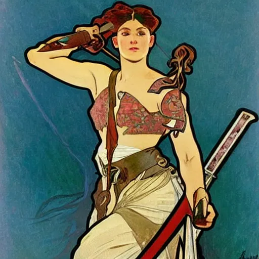 Image similar to female fighter, war paint, sword, painted by alphonse mucha