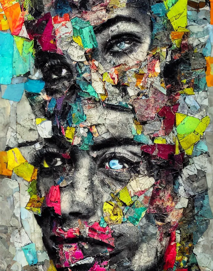 Prompt: negative vision with all the vivid colors detailed analogue mixed media collage with canvas texture in style of contemporary art, punk art, hyperrealistic beautiful face, photorealistic, expressionism, masterpiece, perfect composition, spectacular quality torn paper, intricate oil details, broken glass