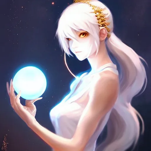 Prompt: a woman in a white dress holding a glowing ball | with nine white fox tails | a detailed painting by ross tran!!!!!!!!!!!!!!! | wlop and stanley artgerm lau | featured on deviantart | fantasy art | anime | 2 d game art | official art