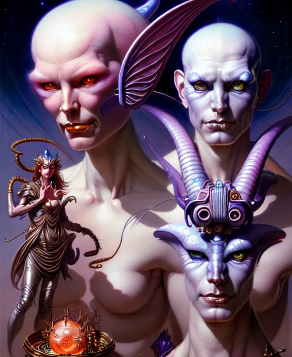 Image similar to beautiful gemini good and evil fantasy character portrait, ultra realistic, wide angle, intricate details, the fifth element artifacts, highly detailed by peter mohrbacher, hajime sorayama, wayne barlowe, boris vallejo, aaron horkey, gaston bussiere, craig mullins