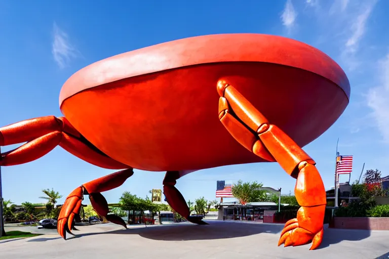Prompt: 1 9 8 5 crab themed giant sculpture, googie architecture, one point perspective, americana, fishcore, restaurant exterior photography, hd 8 k, taken by alex webb