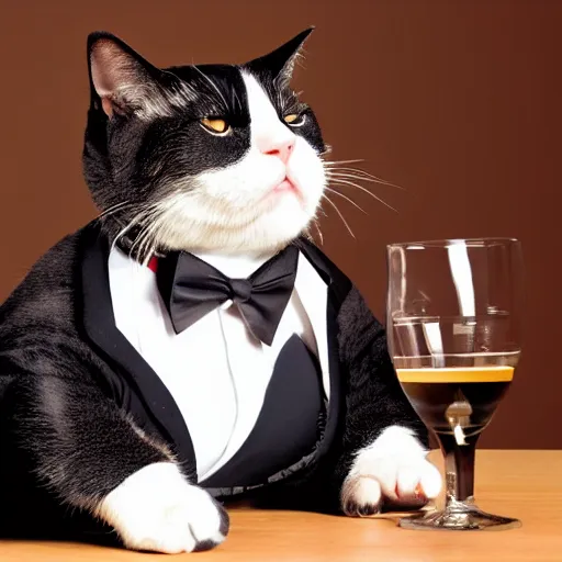 Image similar to a very fat and judgmental cat wearing a full tuxedo, smoking a cigar, sitting in a dimly lit parlor lounge, photograph!