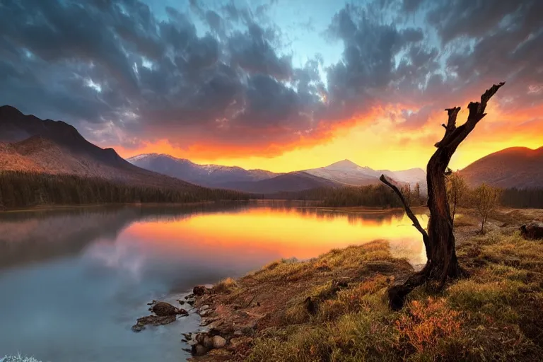 Image similar to beautiful very old photo of a landscape of mountains with lake and a dead tree in the foreground by Marc Adamus, sunset, dramatic sky, 1920
