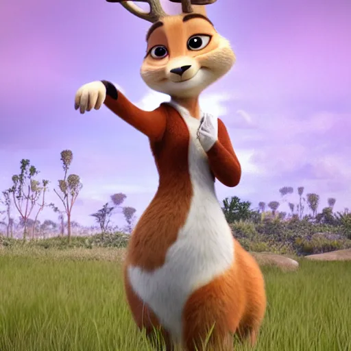 Image similar to portrait, 3 d render, tall slightly chubby anthropomorphic female deer, wearing along long white dress, in the style of zootopia,