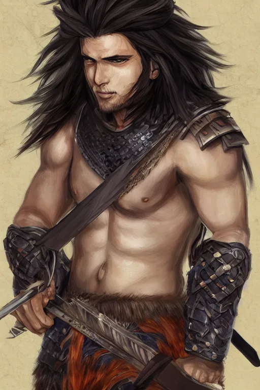 Image similar to A realistic anime portrait of a young handsome male barbarian with long wild hair, intricate fantasy spear, plated armor, D&D, dungeons and dragons, tabletop role playing game, rpg, jrpg, digital painting, by Ayami Kojima, digtial painting, trending on ArtStation, SFW version