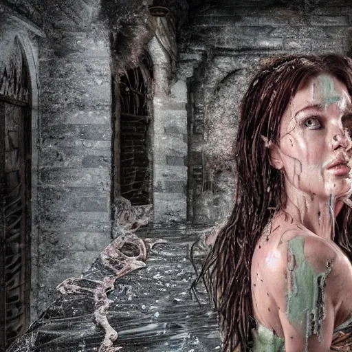 Image similar to hyper realistic, faded picture, woman, intricate detail castle basement, veins, slime, oozing puddles, wet, meat, 4 k